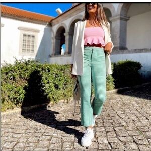 Green Checkered Seersucker Zara Women's Pants Flared Cropped